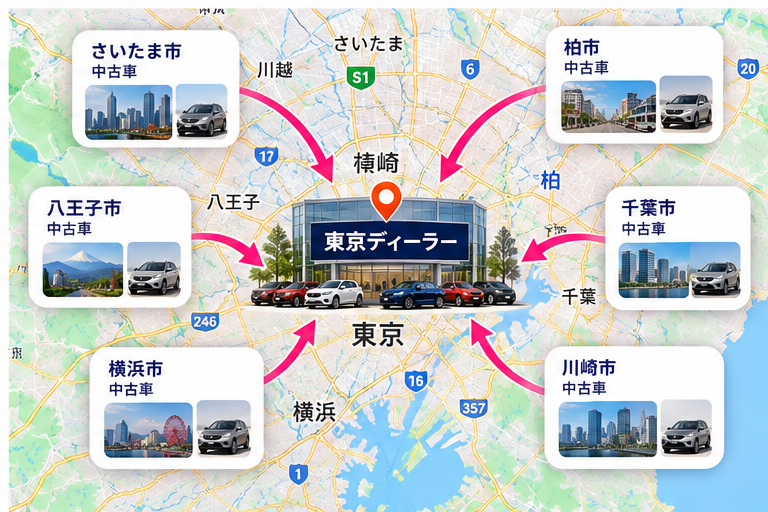 東京のローカルSEOマップ。近隣地域の購入希望者が販売店を見つけるイメージ